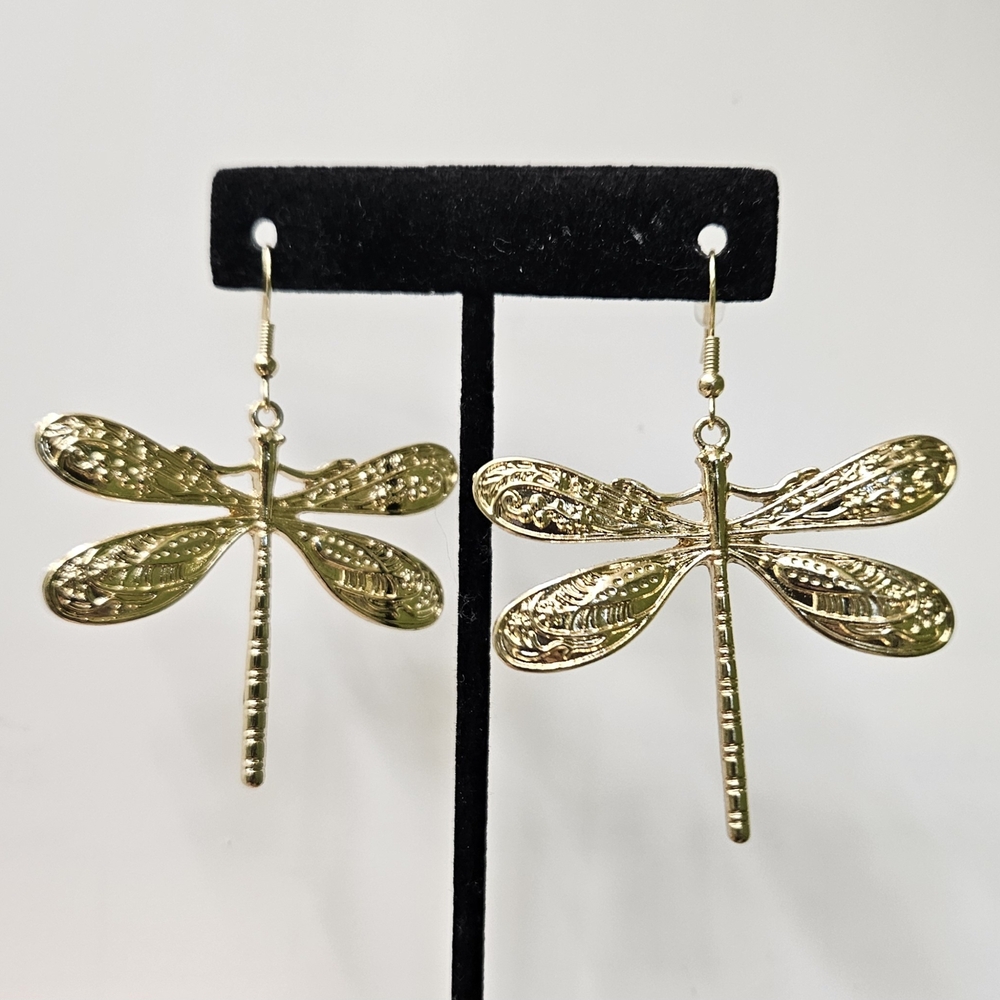 Dragonfly Earrings Gold Tone Zinc Alloy - Picture 9 of 13